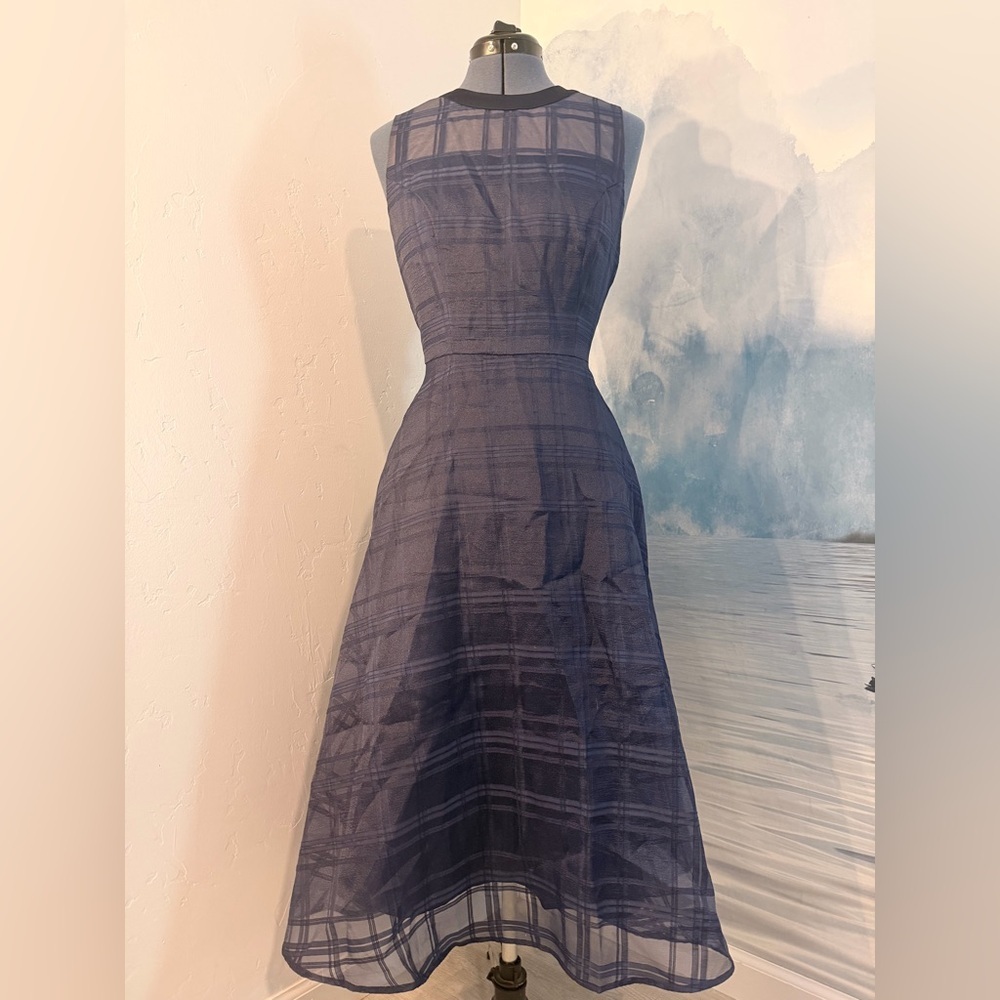 Sleeveless Navy Plaid Midi Dress with Flared Skirt 136